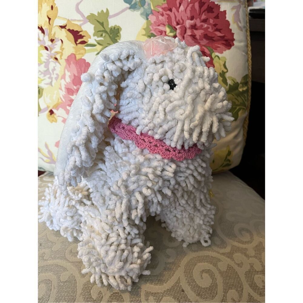Vintage Handmade Spaghetti Hair White Plush Bunny Pink Collar Flowers Crystal